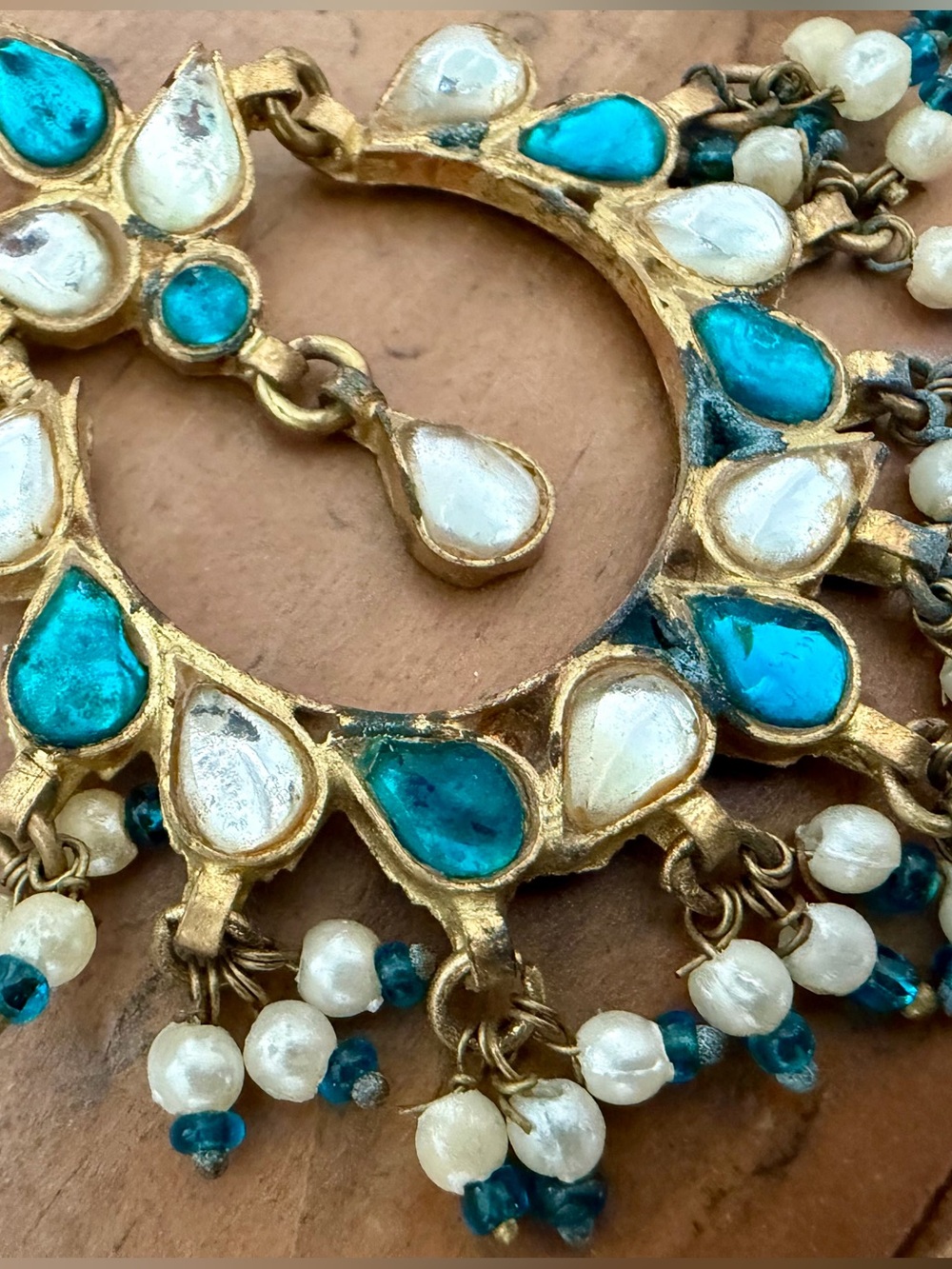 TURQUOISE PEARL CHANDBALI EARRINGS LIGHTWEIGHT INDIAN KUNDAN STYLE BOHO DANGLES